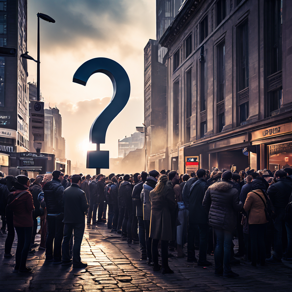 환전소에서 길게 줄 선 사람들과 지연의 원인을 묻는 물음표를 보여주는 이미지.