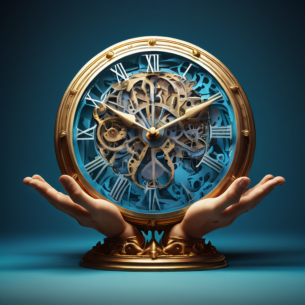 거대한 시계가 뇌를 압박해 명확한 판단력을 앗아가는 모습을 보여주는 그림.