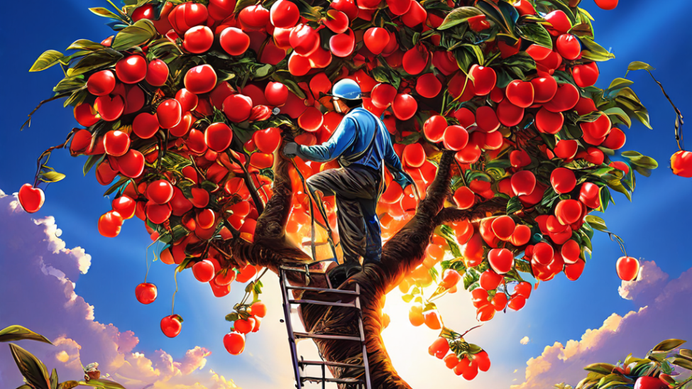 디지털 서비스라는 나무에서 가입 혜택이라는 빛나는 열매만 쫓는 체리피커를 보여주는 이미지.