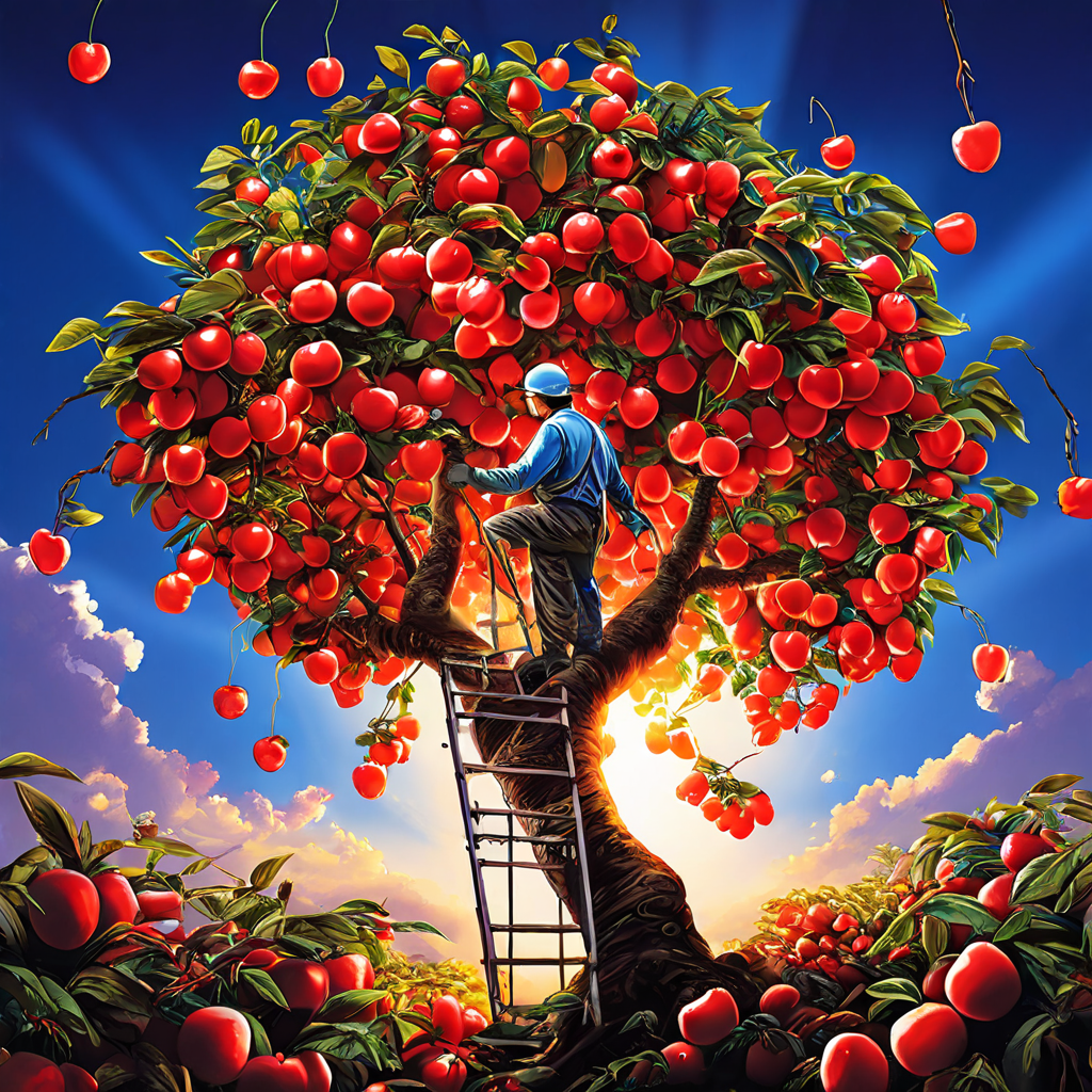 디지털 서비스라는 나무에서 가입 혜택이라는 빛나는 열매만 쫓는 체리피커를 보여주는 이미지.