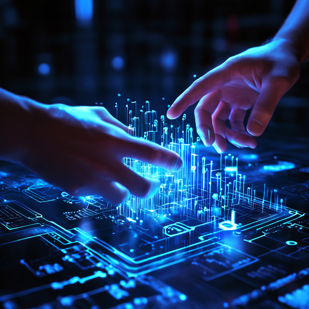 사용자의 손이 복잡한 UI 요소와 빛나는 데이터 스트림으로 가득 찬 미래형 홀로그램 인터페이스와 상호작용하며 화면을 조작하는 핵심 기술을 시각적으로 설명하는 그림.
