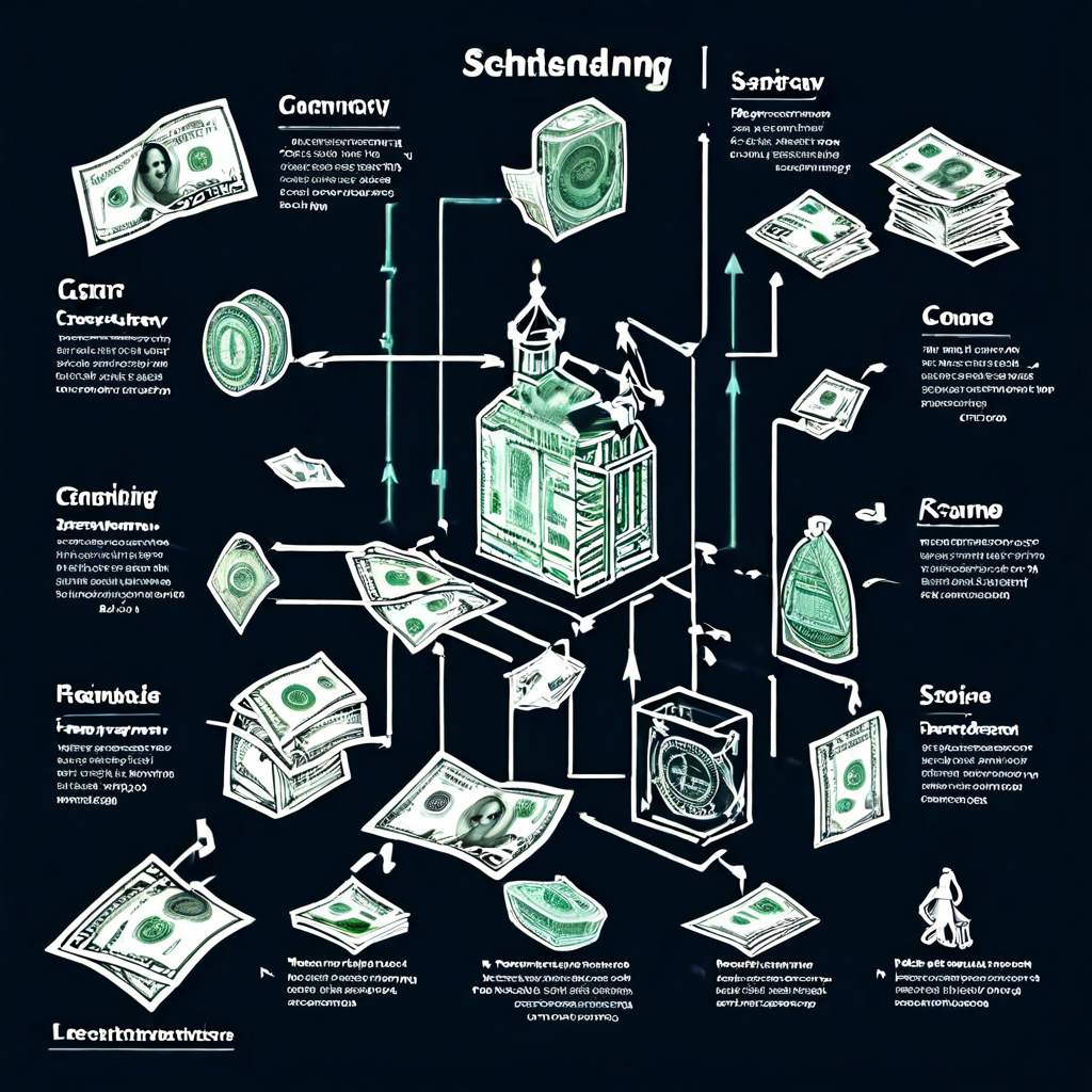 불법 자금이 여러 단계를 거쳐 합법적인 자산으로 전환되는 자금 세탁의 구체적인 수법과 시나리오를 단계별로 설명하는 플로우차트.