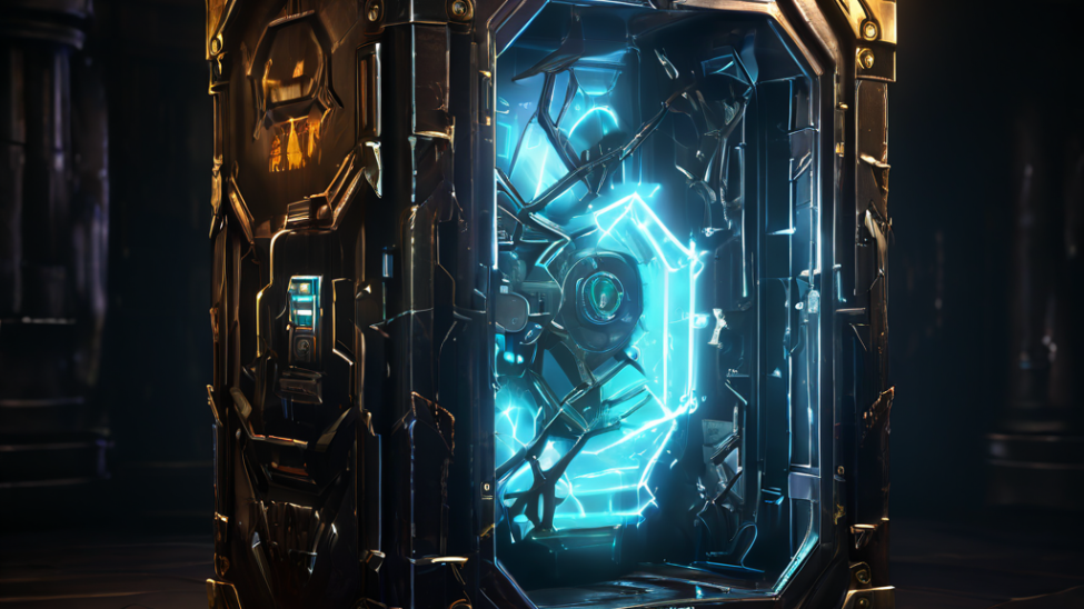 화려한 외관과 달리 어둡고 복잡한 내부가 드러난 루트 상자를 보여주는 이미지.