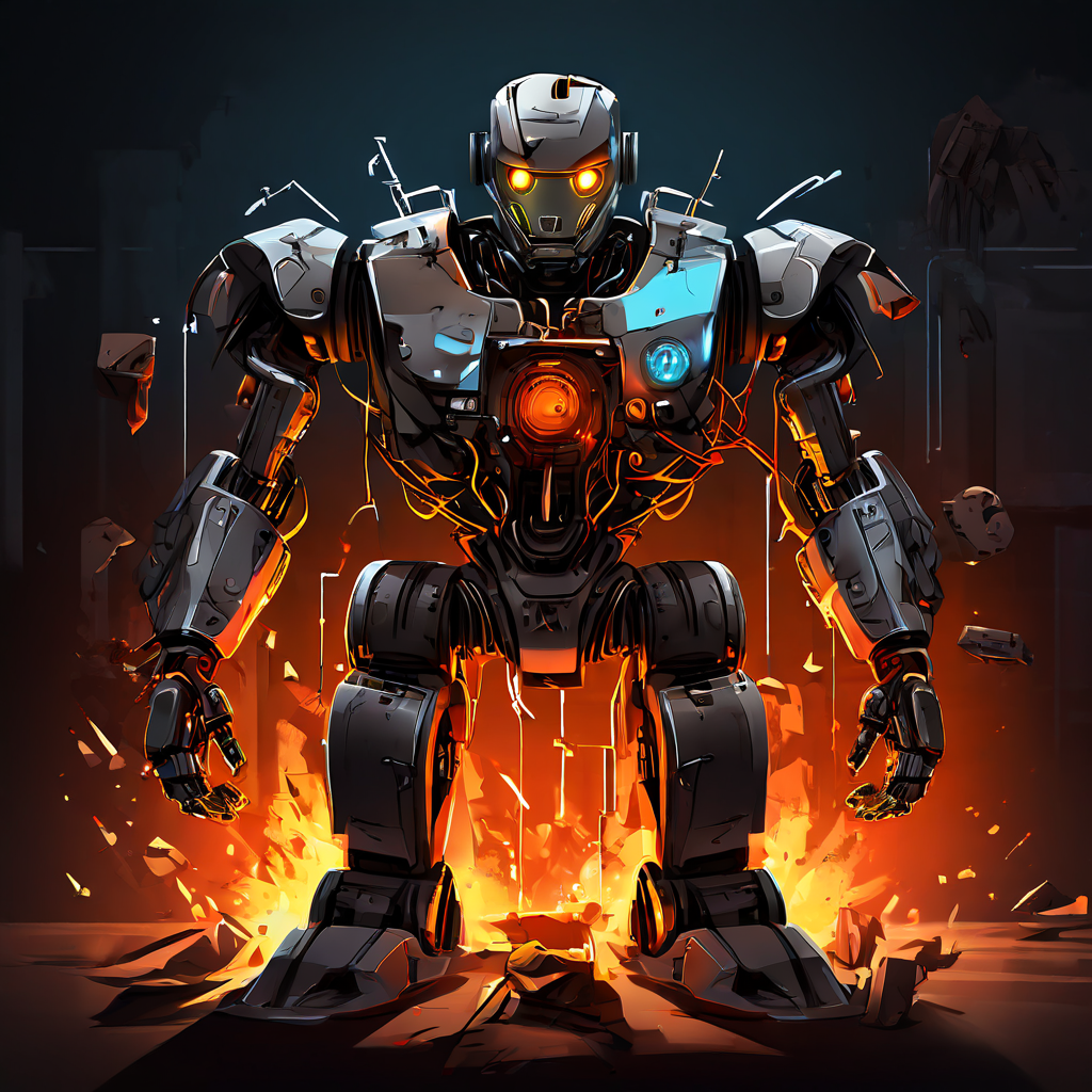 텔레그램 봇 자동화의 양면성을 표현하는 이미지로, 로봇의 절반은 체계적이고 유용한 기능을, 다른 절반은 악의적이고 혼란스러운 위험성을 상징적으로 보여줍니다.