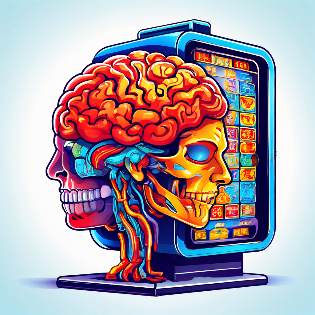 인간의 뇌와 슬롯머신을 결합해 행동 심리학 기반의 중독성 설계 원리를 설명하는 도식.