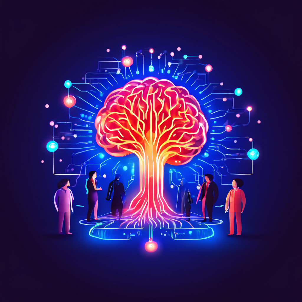 알림으로 뇌가 활성화되고 사람들과 연결되어 소속감을 느끼는 과정을 시각화한 이미지.