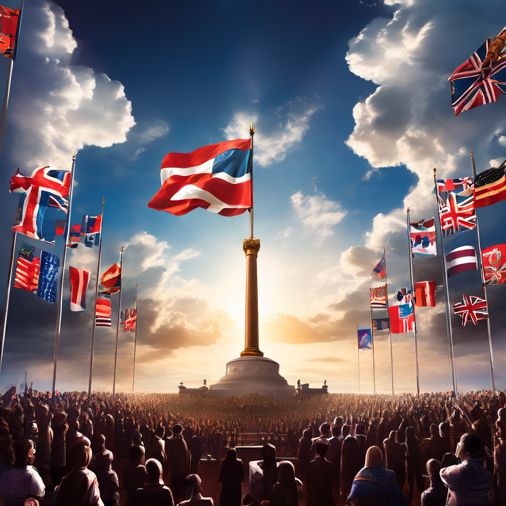 국제법의 장벽을 상징하는 여러 국기들로 만들어진 벽이 사법부의 판결을 막고, 하늘의 물음표가 법적 불확실성을 나타내는 이미지.