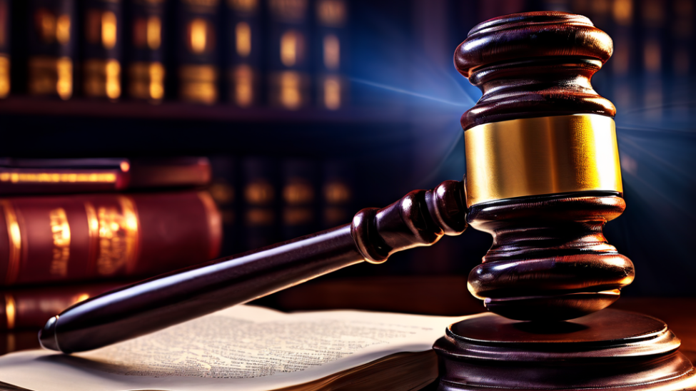 방대한 법률 서재를 배경으로, 빛나는 디지털 서비스 이용약관 위에 놓인 판사봉이 전자 계약의 법적 효력과 법적 근거를 설명하는 그림.