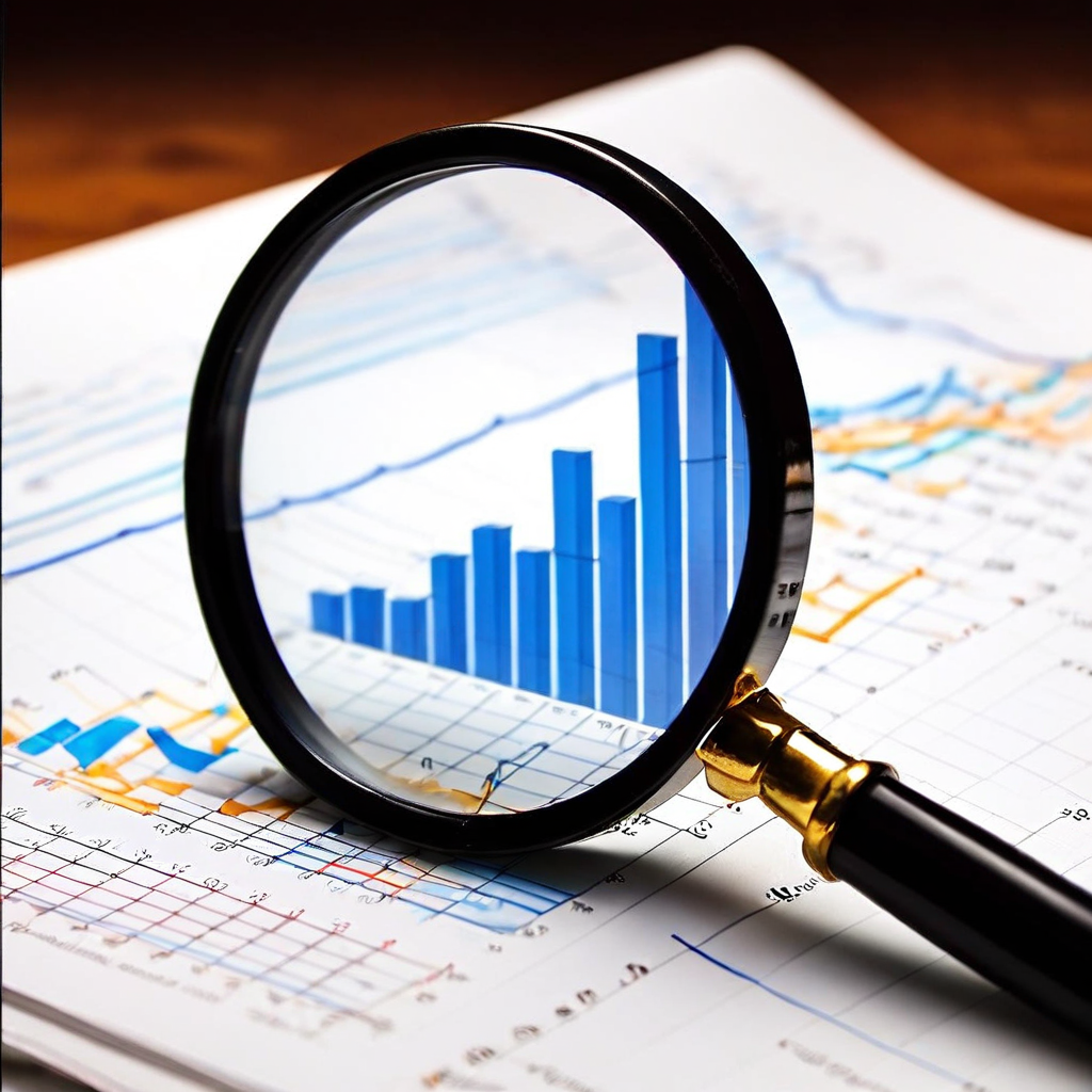 돋보기를 사용하여 점수 분포 그래프를 분석하고, 정규분포 곡선 모양에서 문제 해결의 첫 번째 단서를 발견하는 과정을 설명하는 그림.