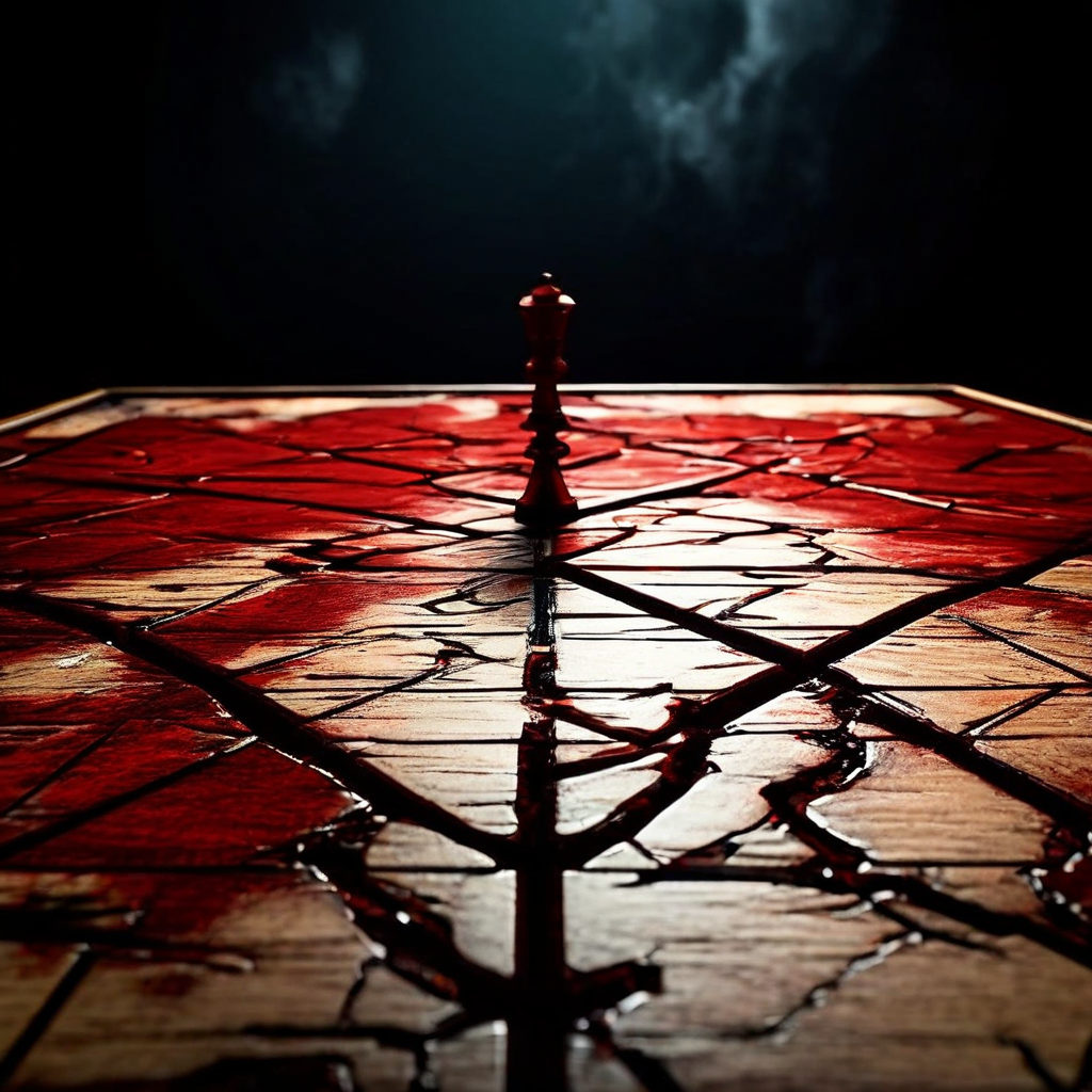 견고했던 신뢰 관계에 균열이 생기기 시작하며 다가올 배신을 암시하는 불길한 징조를, 깨끗한 게임 보드에 생긴 미세한 금을 통해 상징적으로 보여주는 이미지.