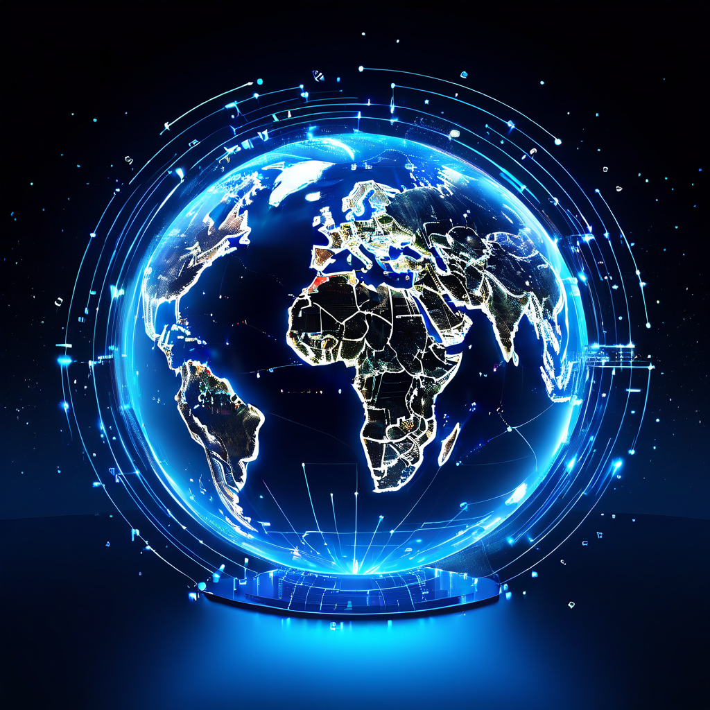 디지털 지구본 위로 대륙 간 데이터가 흐르는 가운데, 미래형 인터페이스가 국제 비즈니스를 위한 정보의 신뢰도를 정밀하게 분석하는 과정을 보여주는 이미지.
