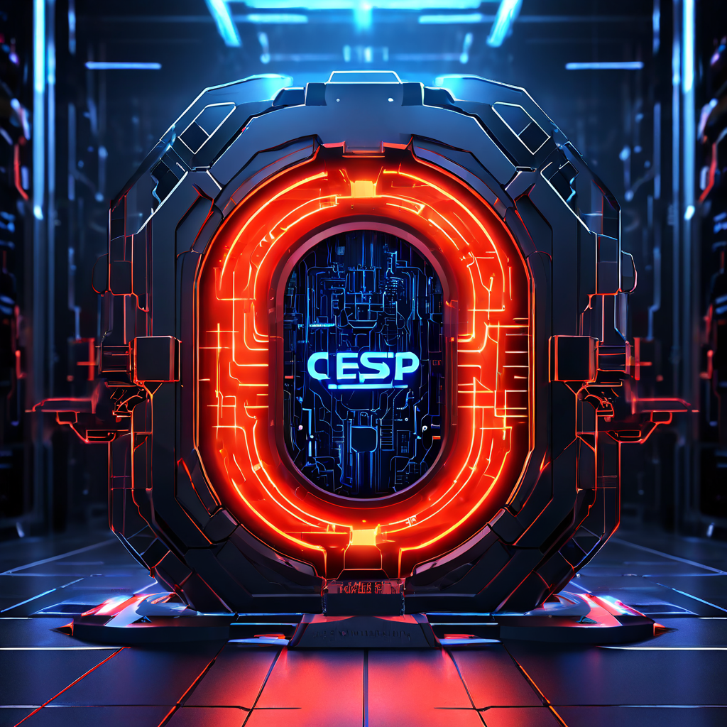 콘텐츠 보안 정책(CSP)을 상징하는 미래형 게이트키퍼가 디지털 방화벽 앞에서 웹 콘텐츠의 로딩을 허용하거나 차단하며 웹사이트 보안을 강화하는 모습을 보여주는 그림.