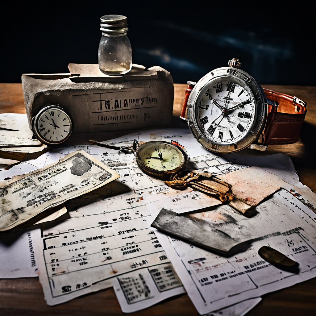 날짜가 적힌 영수증, 사용한 티켓, 먼지 쌓인 채 멈춘 손목시계 등 특정 사건의 시간을 추리할 수 있는 구체적인 단서들을 나열하여 보여주는 이미지.