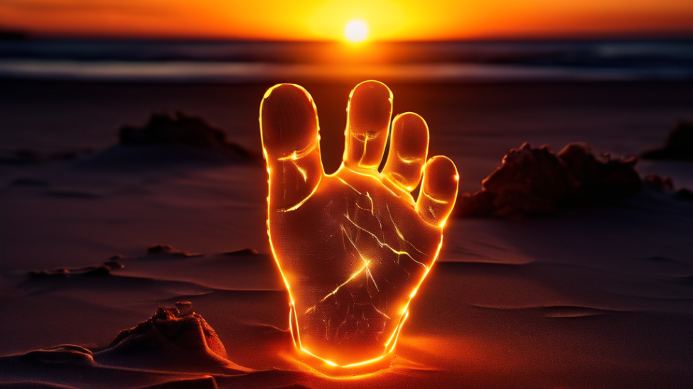 고객의 사진이 담긴 진솔한 온라인 리뷰 하나가 다른 소비자의 구매 결정에 신뢰의 첫걸음이 됨을 빛나는 발자국으로 상징하는 이미지.