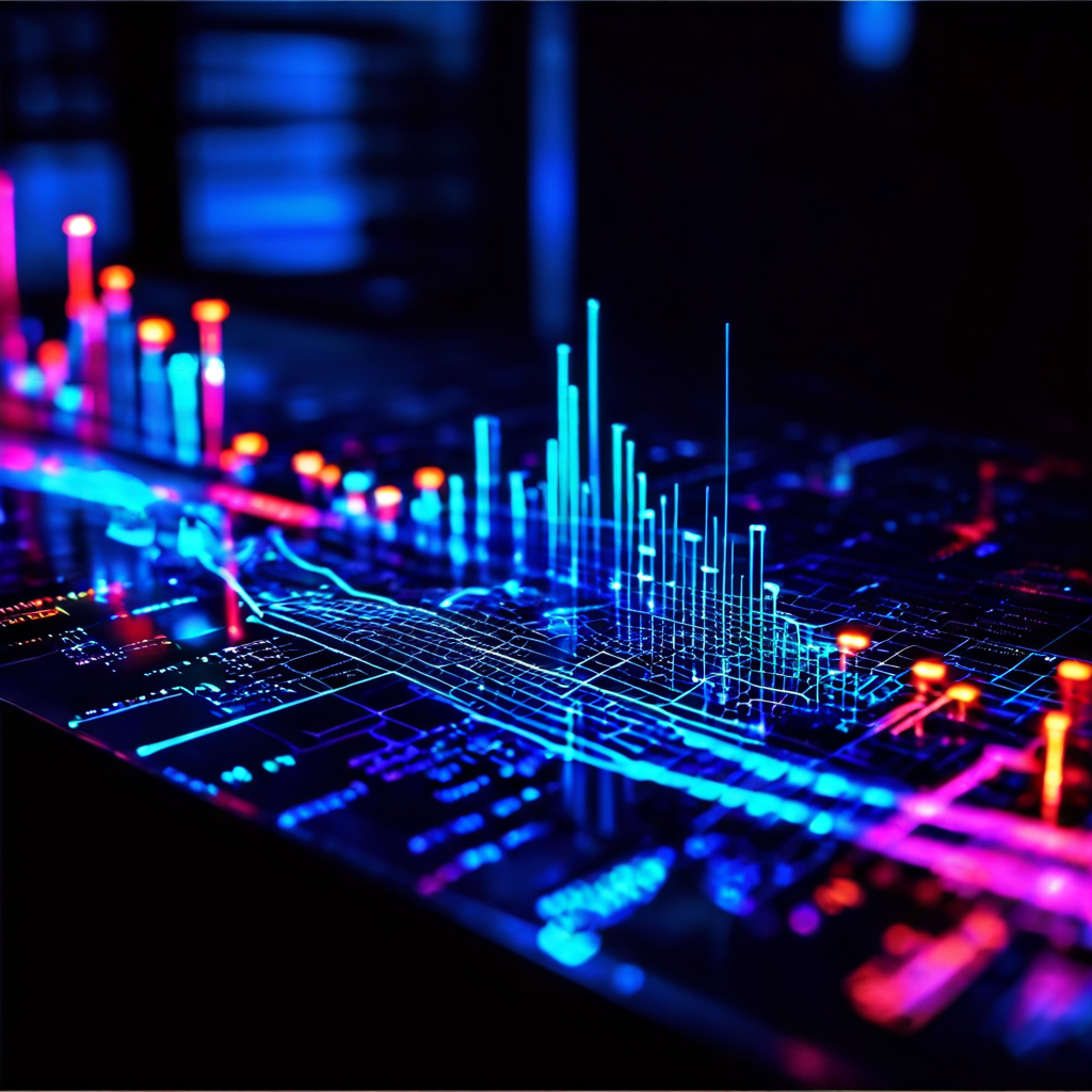첨단 홀로그램 데이터 차트로 네트워크 방화벽 정책을 분석하여 통계적으로 유의미한 결과를 발견하고, 이를 통해 효과적인 사이버 보안을 달성하는 과정을 시각적으로 보여주는 이미지.