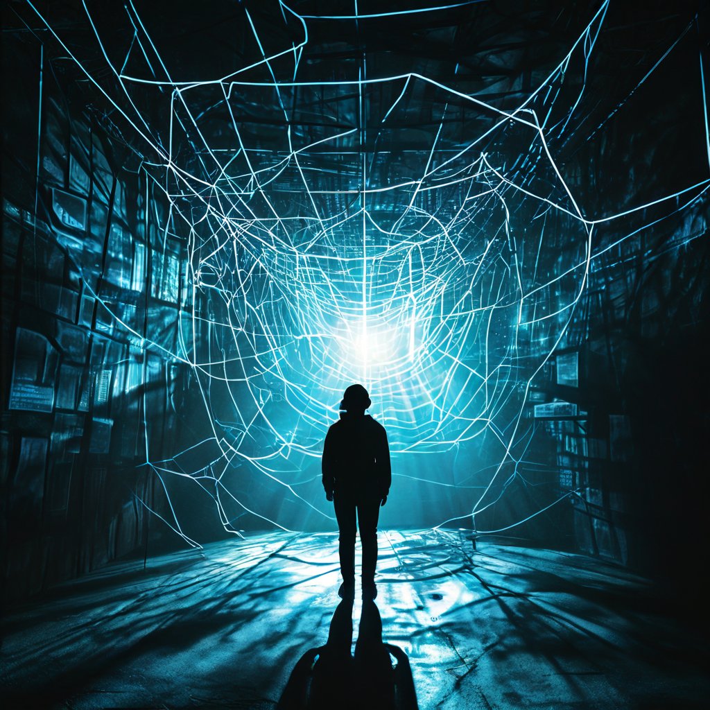 수많은 온라인 광고가 거미줄처럼 얽혀 소비자에게 보이지 않는 그림자를 드리우며, 개인의 선택에 미치는 막대한 영향력을 시각적으로 표현하는 이미지.