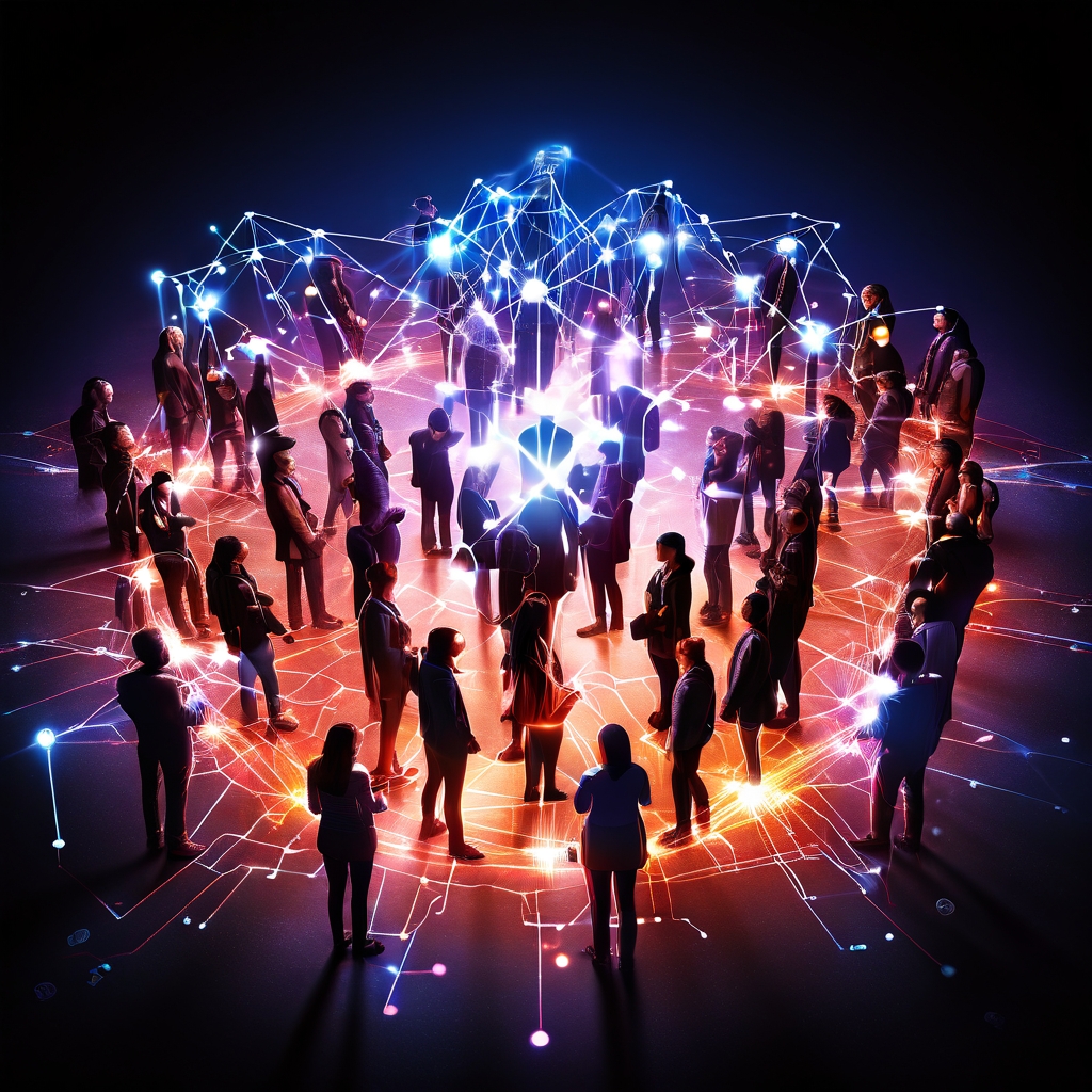 다양한 커뮤니티 구성원들이 집단 지성을 통해 연결되어 정보의 신뢰도를 검증하고, 그 결과로 빛나는 체크 표시를 만들어내는 협력적 검증 시스템을 보여주는 이미지.