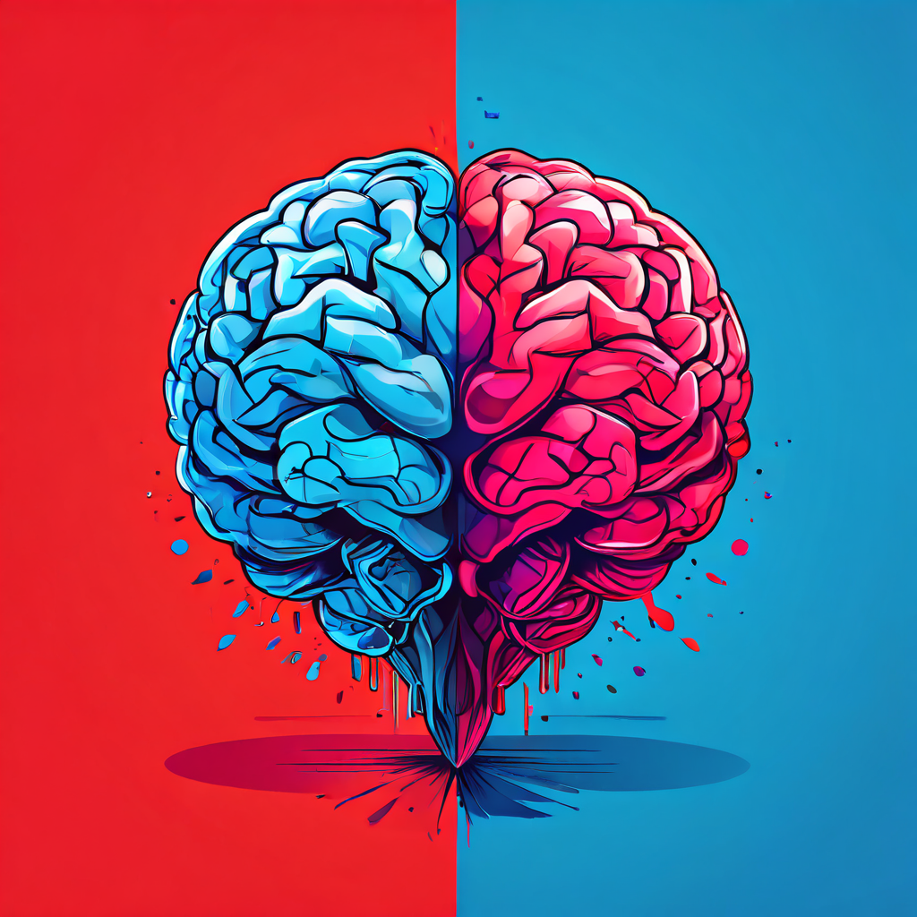 이성적인 사고를 대표하는 뇌와 풍부한 감성을 상징하는 심장이 명확하게 분리되어, 논리와 감정 사이의 대립과 균형의 중요성을 보여주는 이미지.