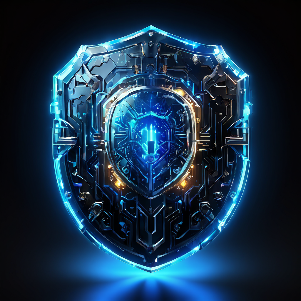 복잡한 데이터 회로로 구성된 디지털 방패가 자물쇠로 상징되는 사용자 개인정보를 외부 위협으로부터 강력하게 보호하는 보안 기술을 보여주는 이미지.
