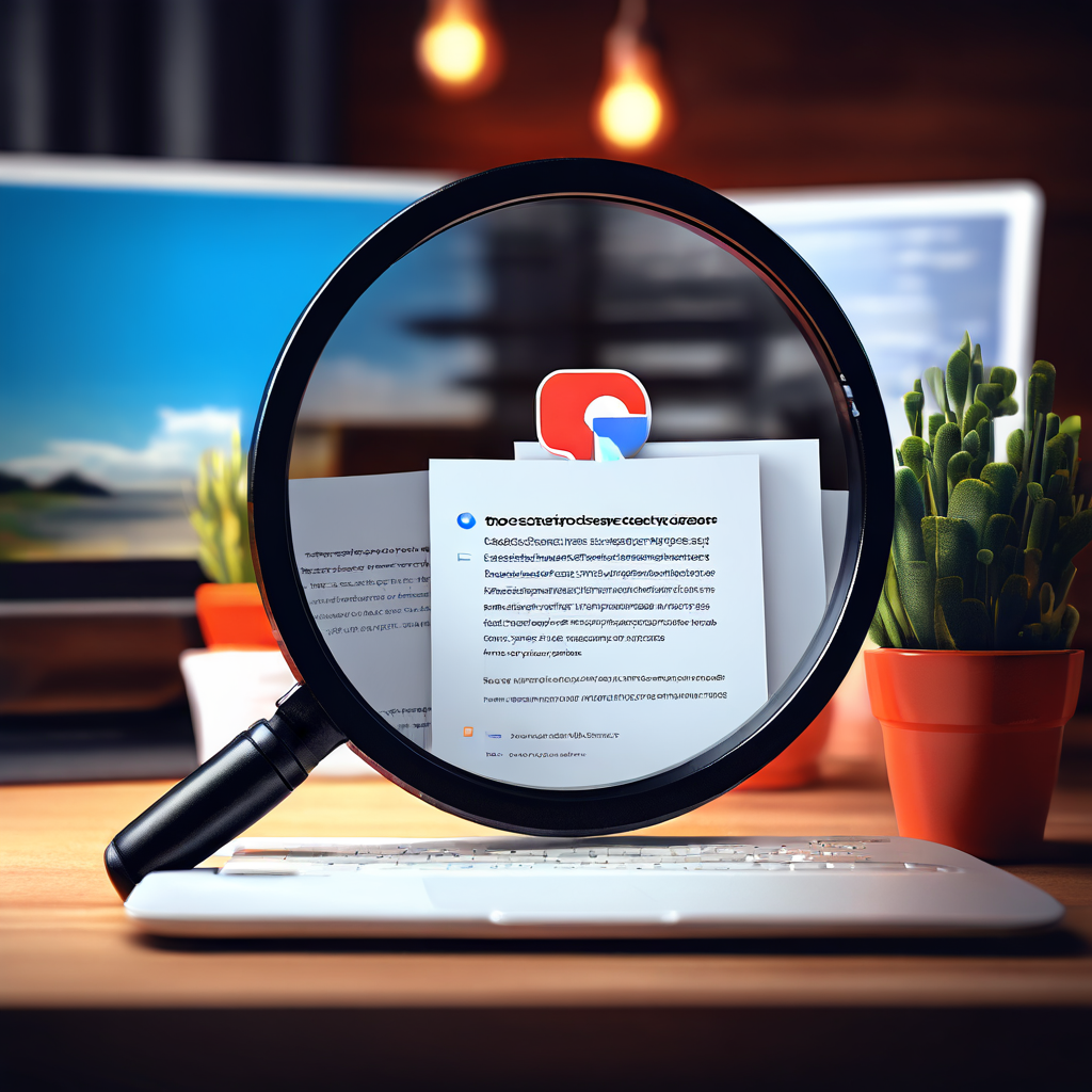 구글 리버스 이미지 검색으로 사진 저작권 침해 및 표절 여부를 확인하는 방법을 설명하는 인포그래픽. 돋보기가 컴퓨터 화면 속 웹사이트에 무단 도용된 복제 이미지를 찾아내 강조하는 모습을 보여주는 그림.