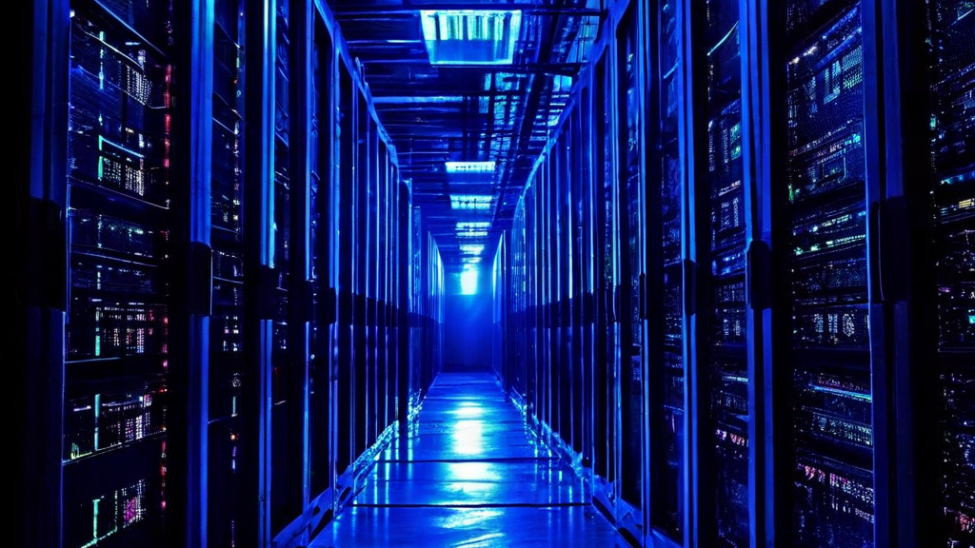 오버헤드'라는 보이지 않는 무게가 서버 랙을 짓눌러 가상화의 숨겨진 비용으로 인한 치명적인 시스템 장애 및 데이터 균열의 위험성을 경고하는 이미지.