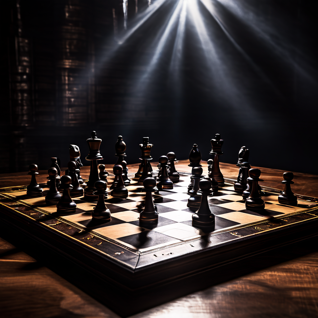 치열한 체스 게임 중, 잘못된 전략으로 인해 체스판이 붕괴되고 체스 말들이 흔들리며 불신과 의심이 깊어지는 위기 상황을 묘사하는 그림.