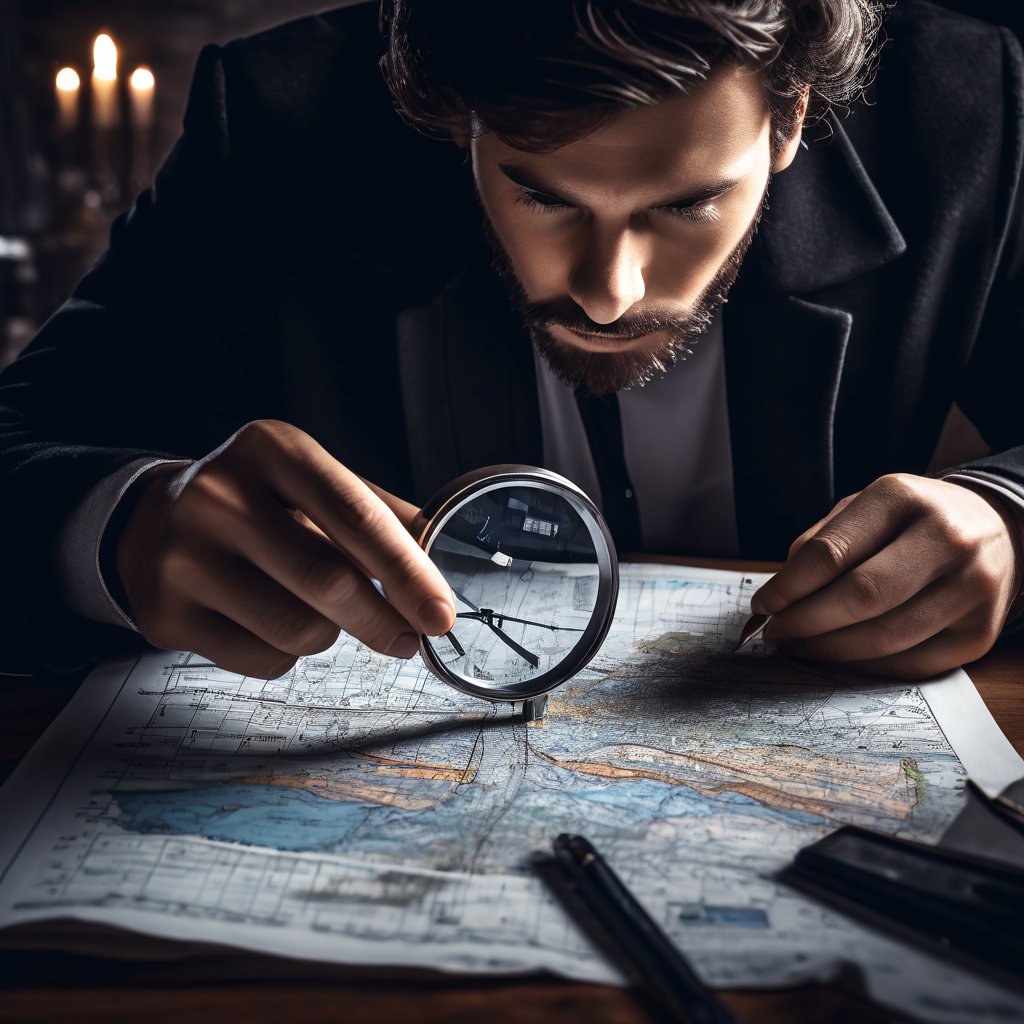 전문가가 돋보기를 이용해 복잡한 시스템의 활동 기록 로그를 면밀히 분석하며 중요한 정보를 찾아내는 집중도 높은 모습을 보여주는 이미지.