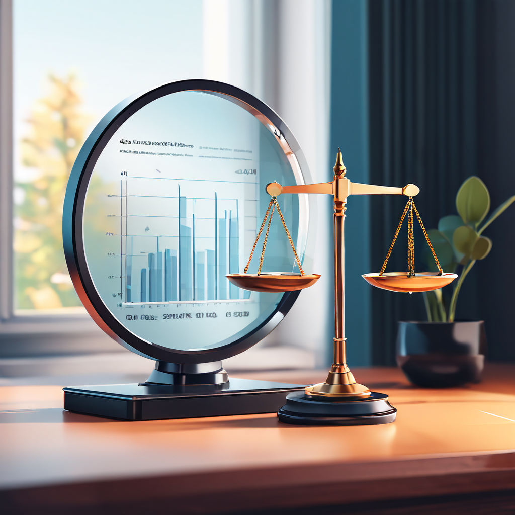 돋보기를 통해 리뷰의 구체적인 내용을 상세히 분석하고, 균형 잡힌 저울로 그 객관성과 신뢰도를 측정하는 평가 기준을 설명하는 그림.