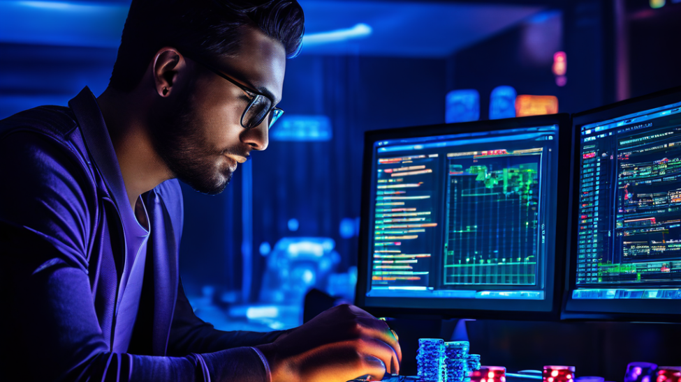 포커 플레이어가 상대방의 미세한 행동(텔)을 읽어내듯, 웹 분석 전문가가 분석 대시보드의 데이터 신호를 해석하여 사용자 의도를 파악하는 모습을 비유적으로 보여주는 이미지.