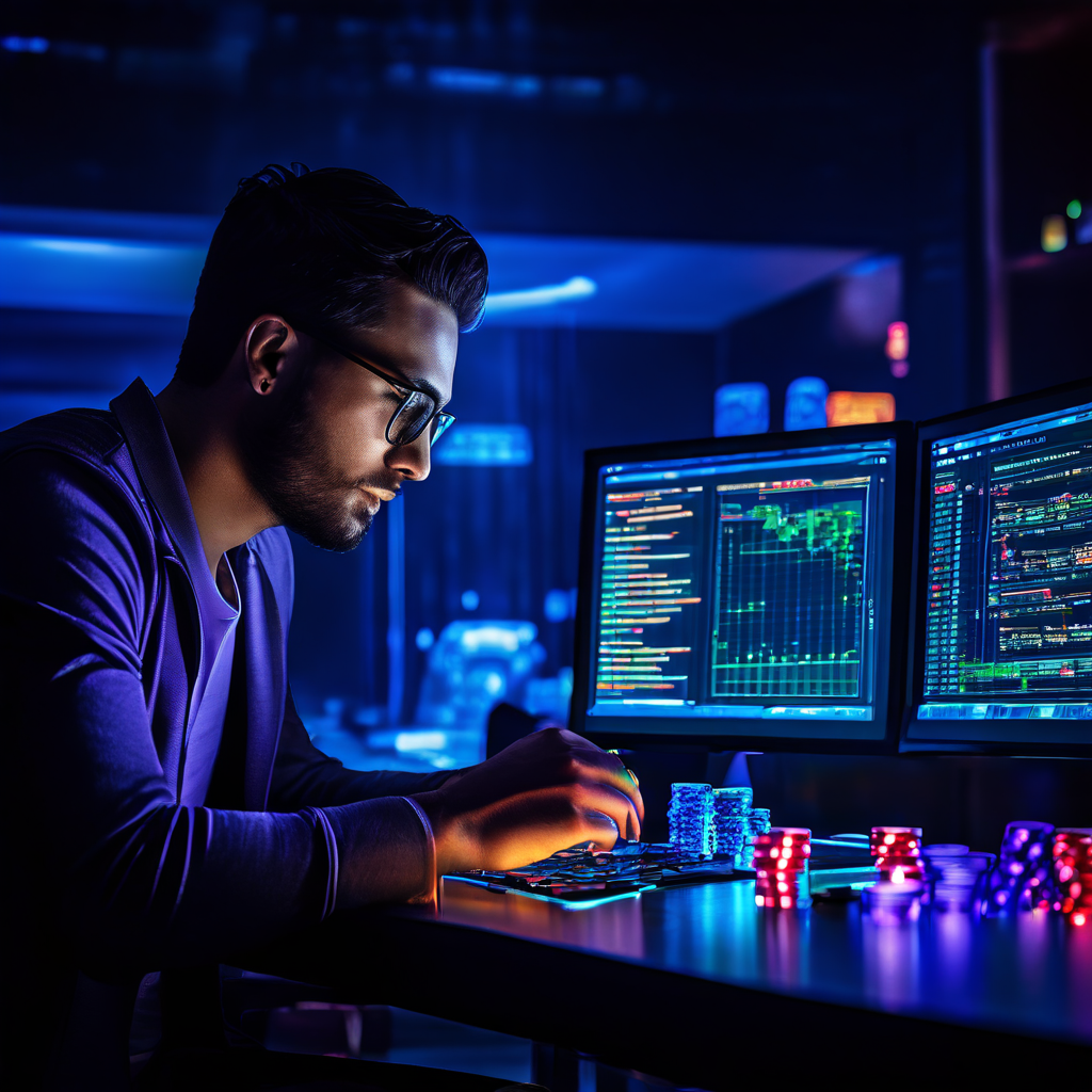 포커 플레이어가 상대방의 미세한 행동(텔)을 읽어내듯, 웹 분석 전문가가 분석 대시보드의 데이터 신호를 해석하여 사용자 의도를 파악하는 모습을 비유적으로 보여주는 이미지.