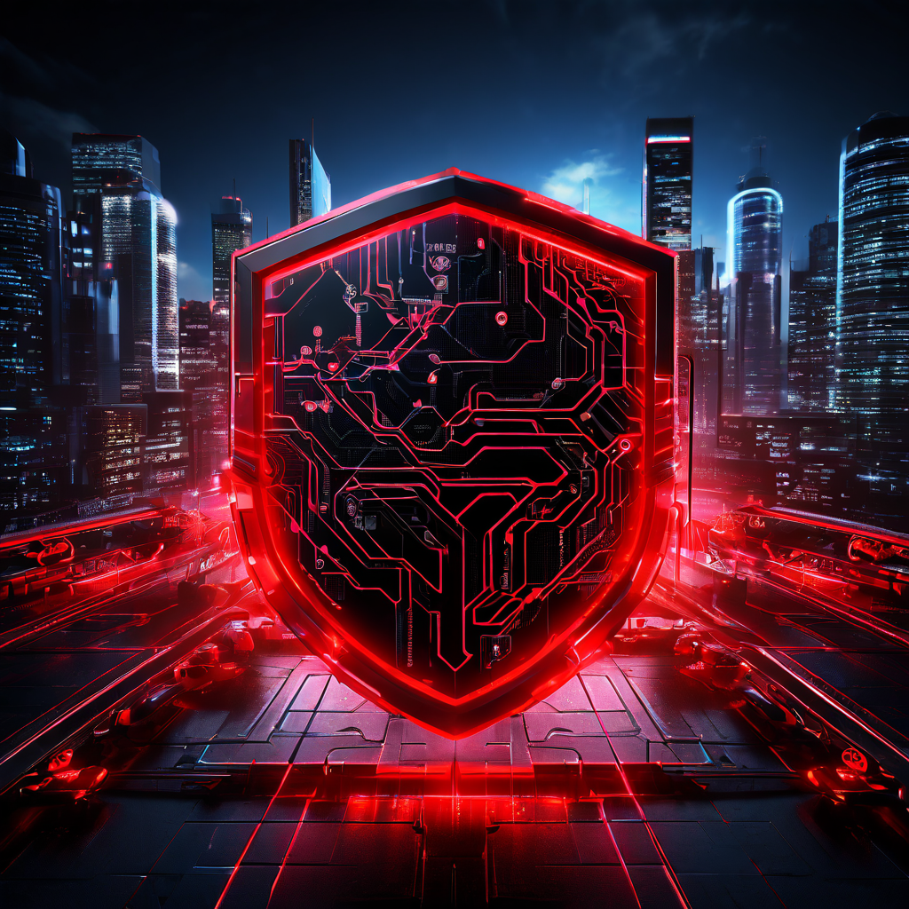 디지털 보안 쉴드가 아웃바운드 트래픽을 제어하여 악성 데이터 유출은 차단하고 안전한 데이터는 신속하게 전송하도록 최적화하는 첨단 기술을 시각적으로 보여주는 이미지.