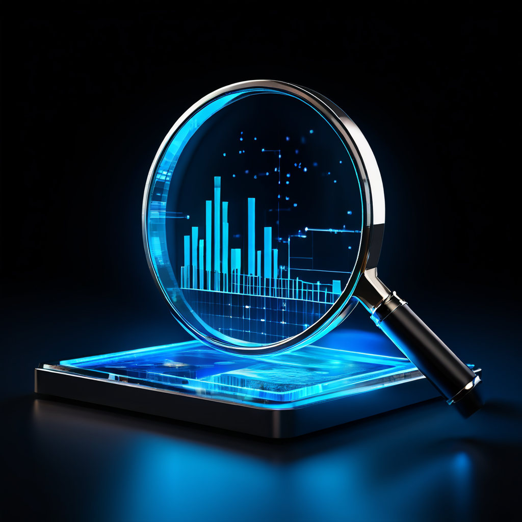 돋보기로 투명한 상자 속 빛나는 금융 데이터와 재무 차트를 상세히 분석하며 자산관리 서비스의 투명성을 검토하는 과정을 시각적으로 보여주는 이미지.