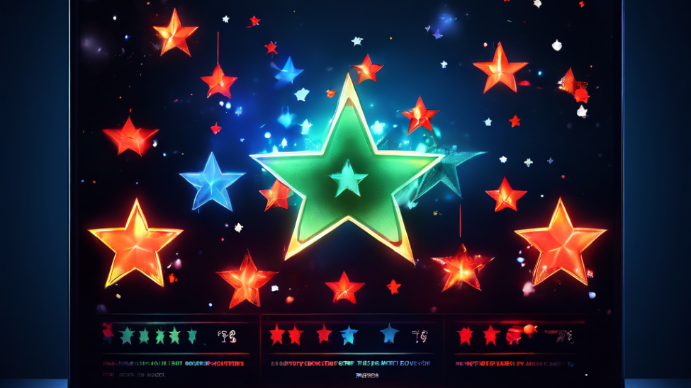 화면 속 완벽해 보이는 만점 별점이 깨지면서 그 이면에 숨겨진 가짜 리뷰와 평점 조작의 실체를 폭로하는 모습을 상징적으로 보여주는 이미지.