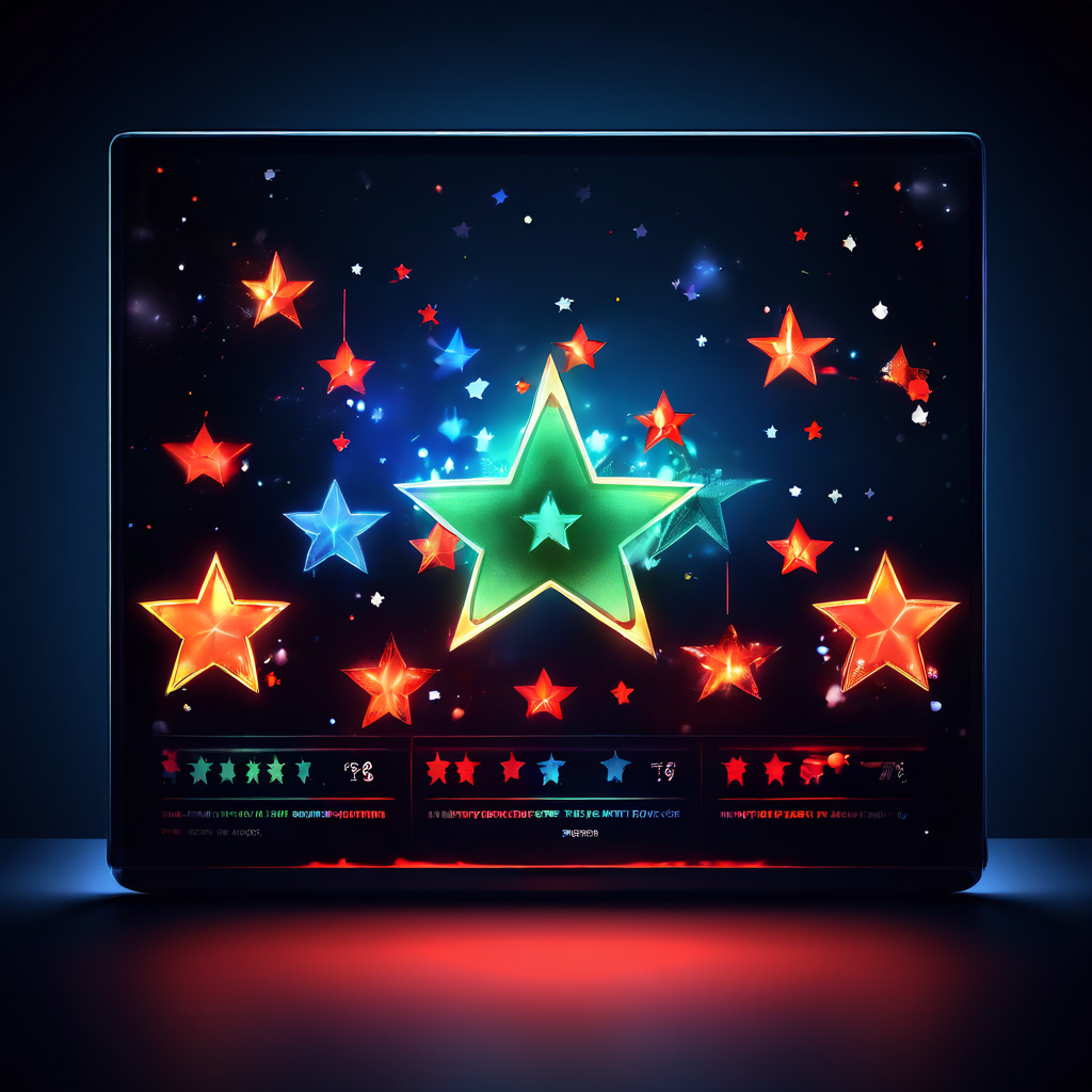 화면 속 완벽해 보이는 만점 별점이 깨지면서 그 이면에 숨겨진 가짜 리뷰와 평점 조작의 실체를 폭로하는 모습을 상징적으로 보여주는 이미지.