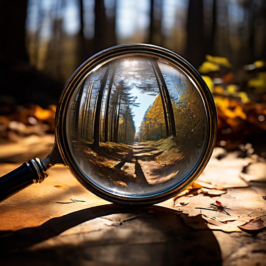 돋보기로 이미지의 왜곡된 배경, 일관성 없는 그림자, 흐릿한 가장자리 등 디지털로 조작된 사진을 구별하는 시각적 단서를 자세히 보여주는 이미지.