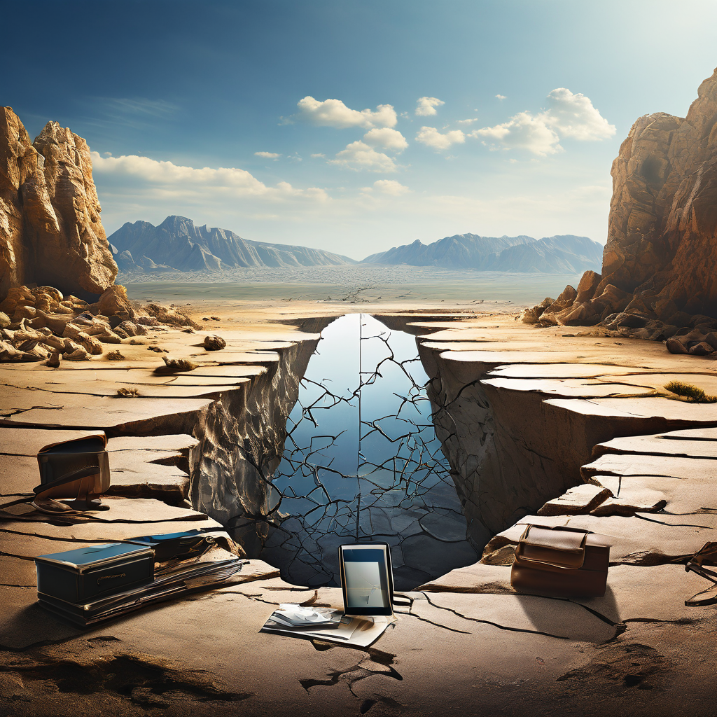 현대 기술과 사치품이 한쪽에, 기초적이고 낡은 도구가 다른 쪽에 위치한 깊게 갈라진 풍경의 개념적 이미지로 디지털 격차와 사회적 불평등을 시각적으로 상징화합니다.