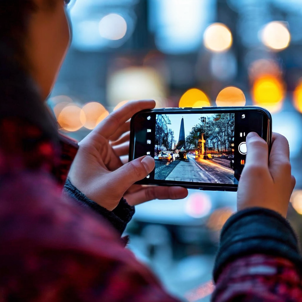 스마트폰 화면에서 사진 편집 앱을 사용해 블러 효과를 적용하고 다양한 장식용 스티커를 붙여 개성을 더하는 과정을 클로즈업으로 보여주는 이미지입니다.