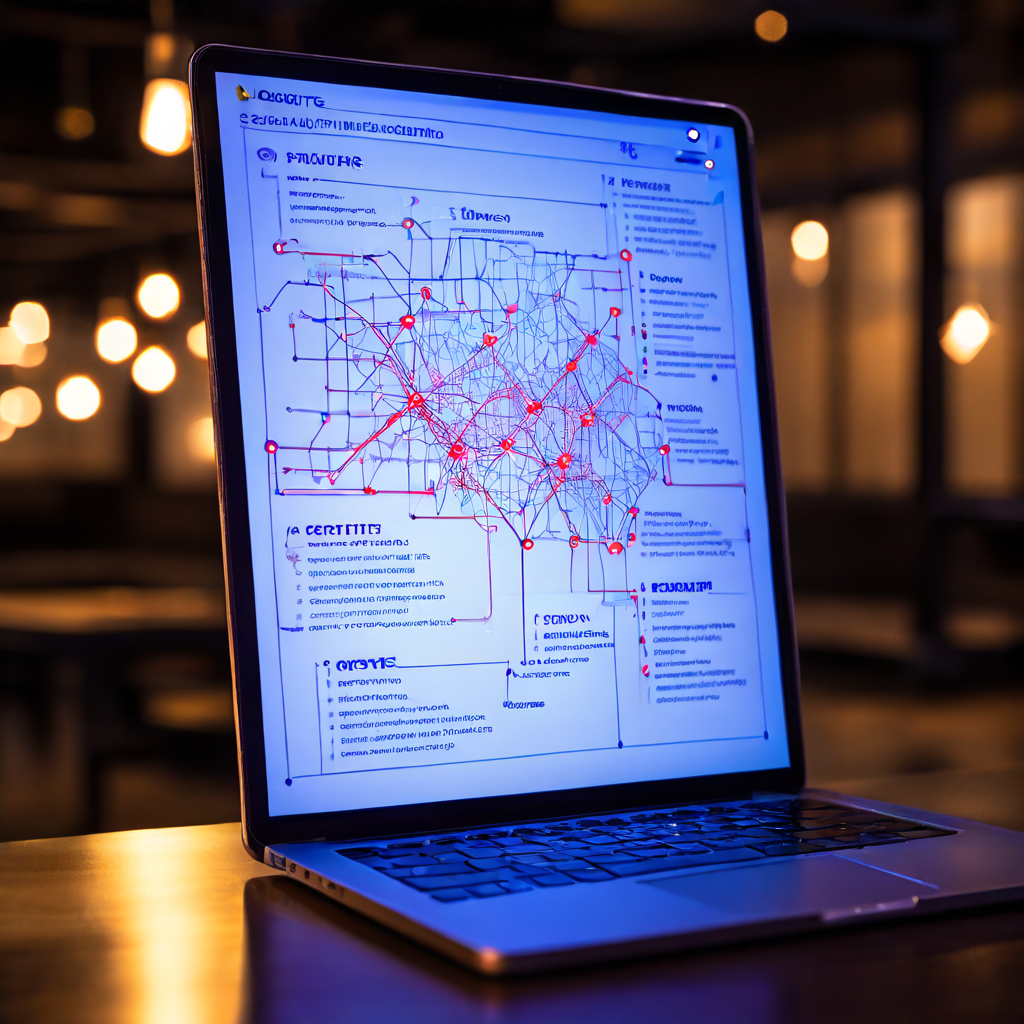 사이트 평가 체크리스트가 적힌 클립보드와 연결된 키워드 노드 네트워크를 표시하는 웹 브라우저가 함께 배치되어 SEO 및 웹사이트 분석 작업 과정을 시각적으로 나타냅니다.
