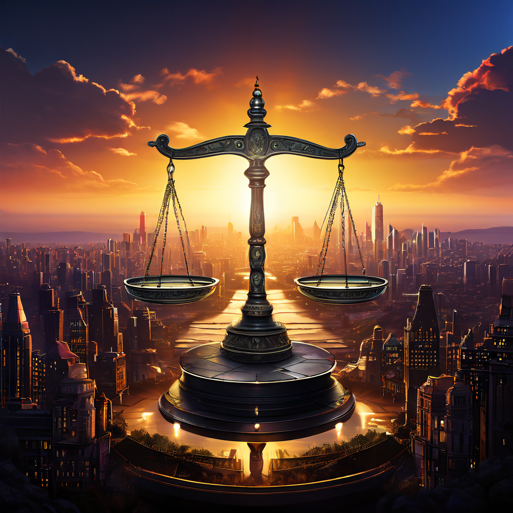 계약서와 현실의 괴리를 상징적으로 표현한 이미지로, 빛나는 계약서가 놓인 저울 한쪽과 복잡한 도시 풍경이 있는 다른 쪽이 균형을 이루고 있습니다.