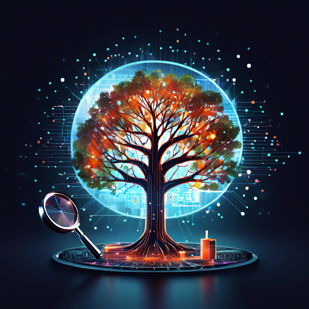 네트워크 보안과 데이터 분석의 중요성을 상징적으로 표현한 이미지로, 바이러스 아이콘으로 이루어진 추상적 디지털 나무가 네트워크를 따라 확산되는 모습과 데이터 패킷을 분석하는 돋보기가 함께 배치되어 있습니다.