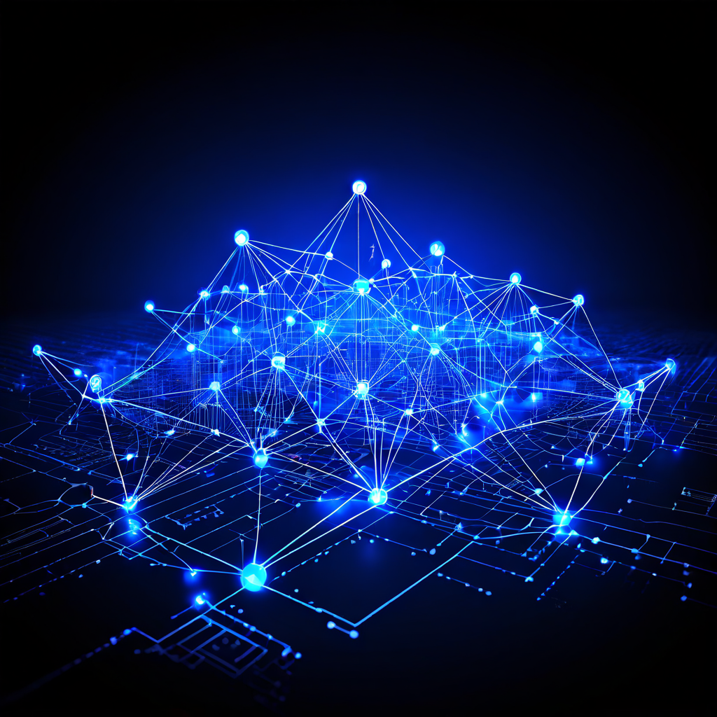 중앙 집중식 아키텍처 청사진이 분산화되고 탄력적인 상호 연결된 네트워크 시스템으로 전환되는 과정을 상징적으로 표현한 개념 이미지입니다.