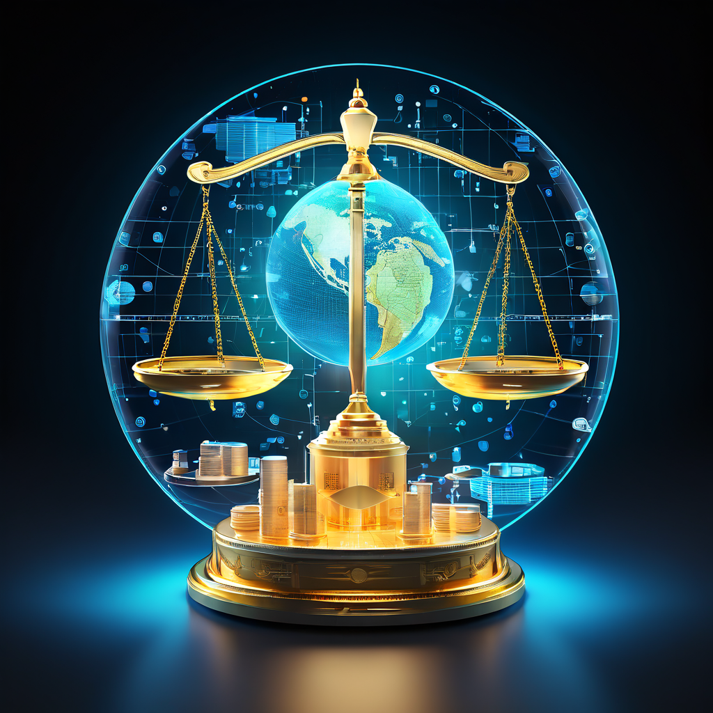 데이터와 경제적 가치가 공유된 디지털 지구에서 함께 성장하며 균형을 이루는 모습을 시각화한 이미지로, 디지털 경제와 데이터 가치의 상호 연결성을 상징합니다.