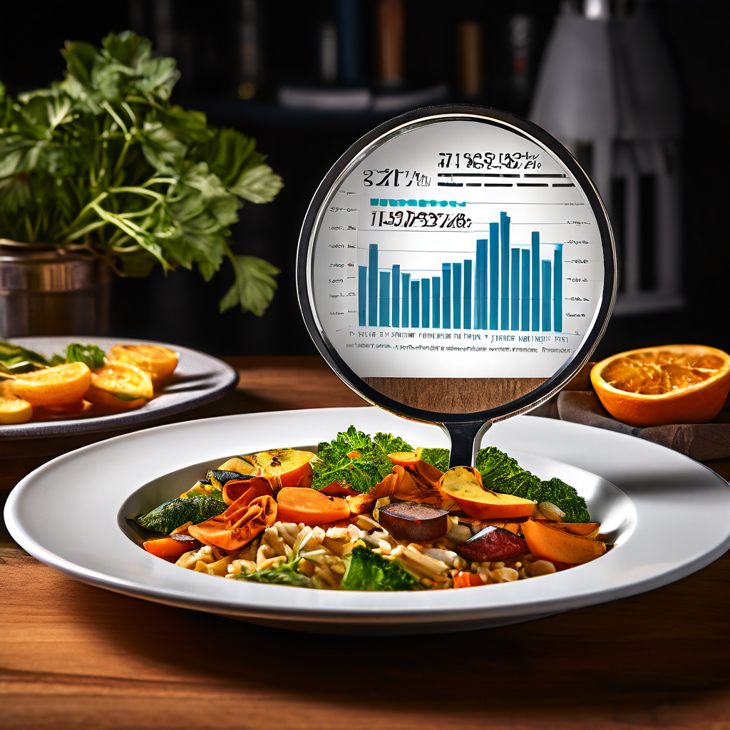 접시 위에 놓인 돋보기가 음식 리뷰 분석 그래프와 데이터를 투영하여 가짜 리뷰를 식별하는 과정을 시각적으로 표현한 이미지입니다.