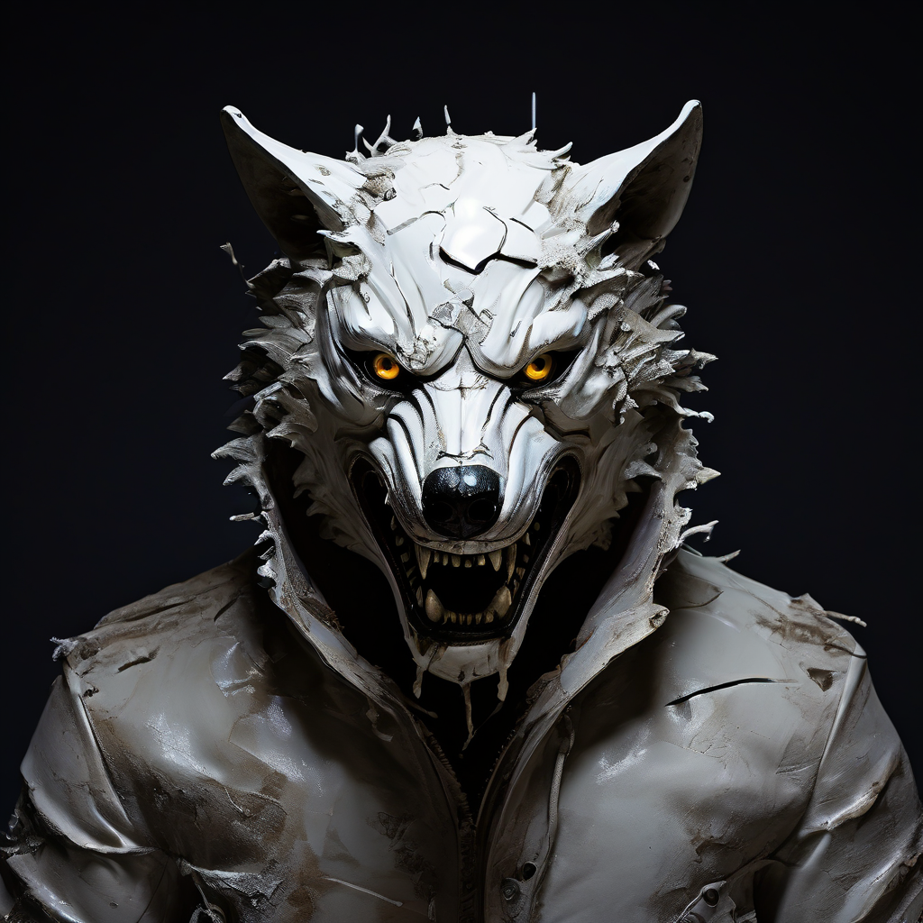 양의 탈을 쓴 늑대가 깨진 도자기 가면 아래로 드러난 괴물 같은 웃는 얼굴로 속임수와 위험한 이면을 상징적으로 표현한 이미지입니다.