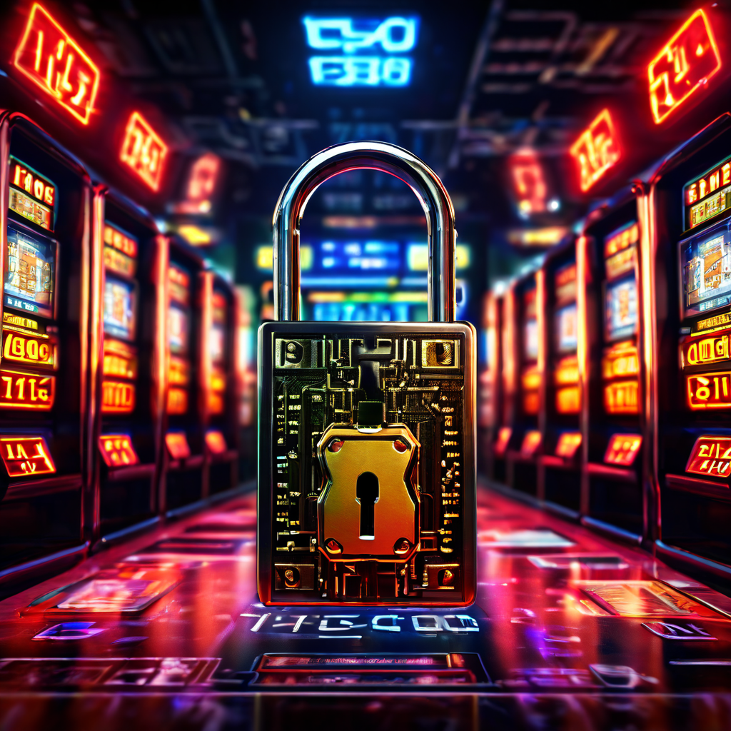 이진 코드와 보안 경고가 표시된 디지털 자물쇠가 끊임없이 작동하는 화려한 카지노의 슬롯머신을 잠그고 있는 모습으로, 사이버 보안과 도박 위험의 상징적 이미지를 전달합니다.