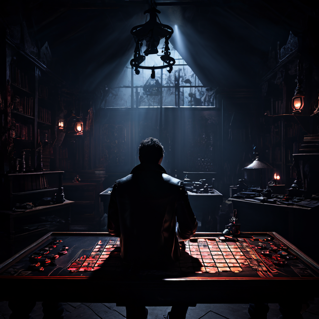 고립된 게이머가 어둠이 드리운 게임 공간에서 침착하게 보드를 분석하며 주변에는 위협적인 그림자들이 맴도는 상황을 표현한 이미지입니다.