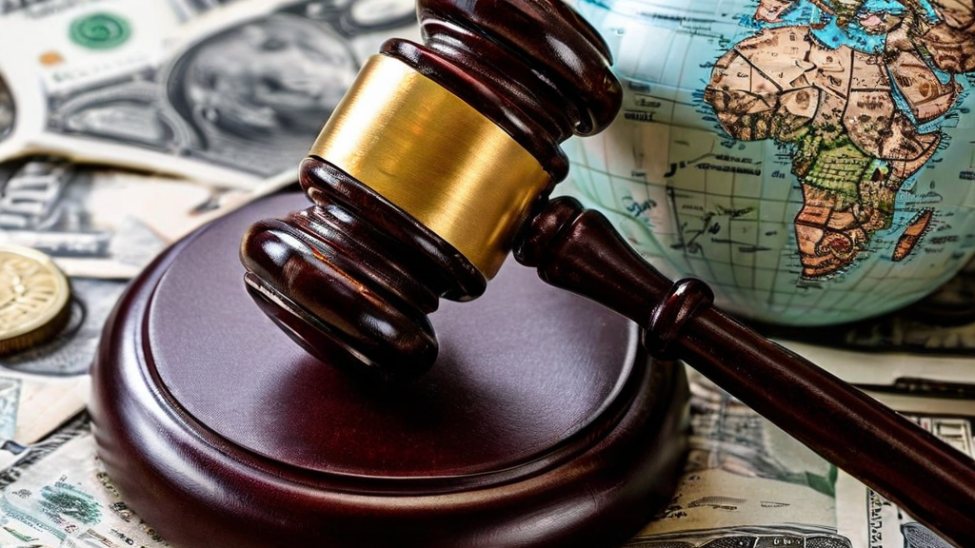 해외 배팅 업무를 관장하는 법적 권위를 상징하는 법망과 "Licensed" 각인이 된 서류, 국제 통화 기호 및 지구본이 함께 배치된 이미지입니다.