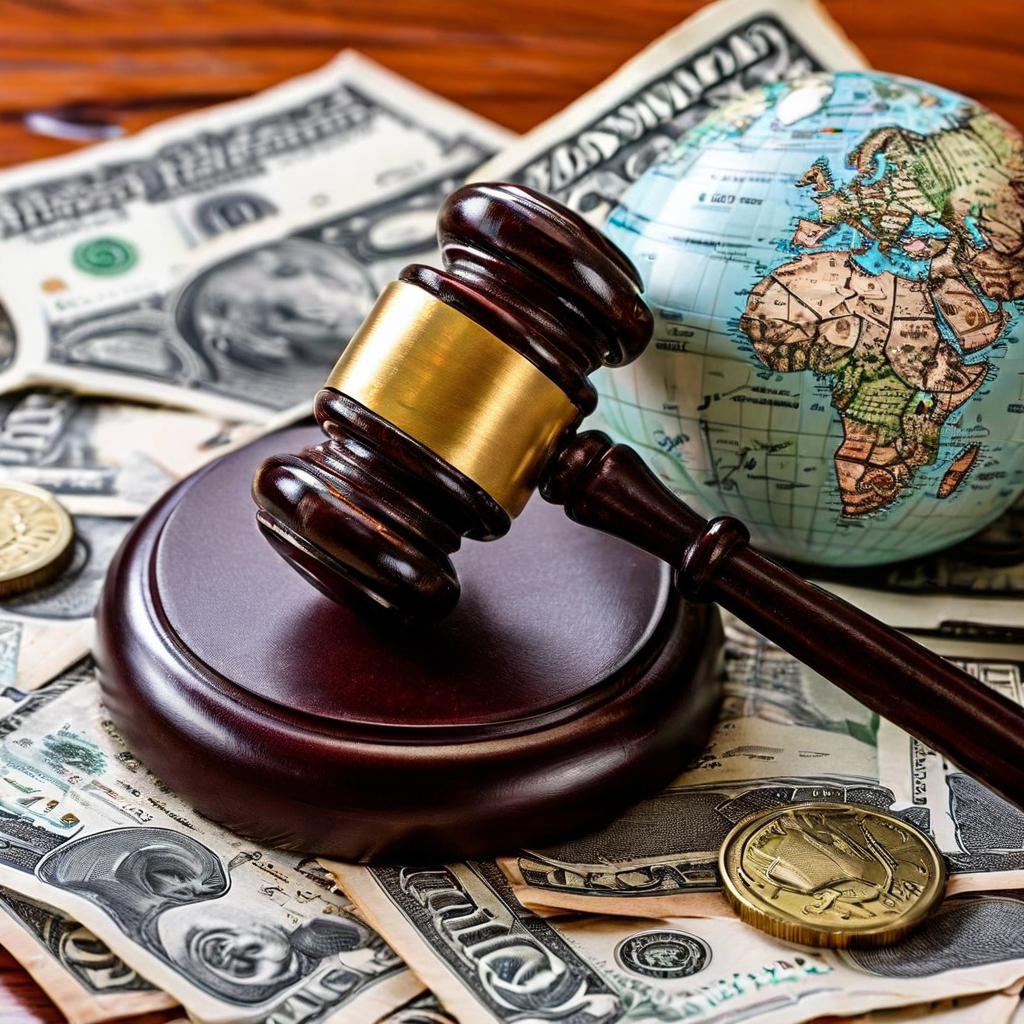 해외 배팅 업무를 관장하는 법적 권위를 상징하는 법망과 "Licensed" 각인이 된 서류, 국제 통화 기호 및 지구본이 함께 배치된 이미지입니다.