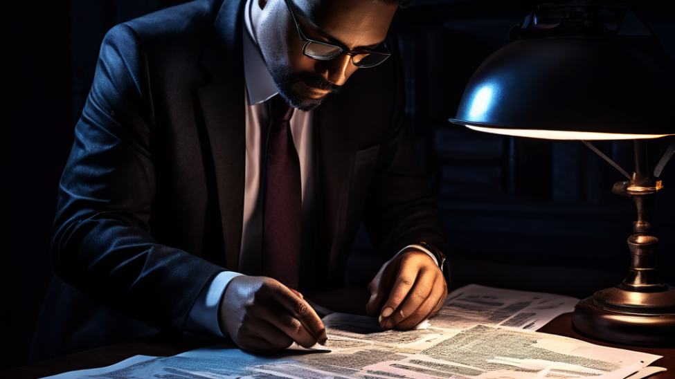 법의학 수사관이 집중 조명 아래에서 발광하는 은행 거래 명세서를 살펴보며 민감한 금융 거래 내역을 확인하는 디지털 포렌식 수사 장면입니다.