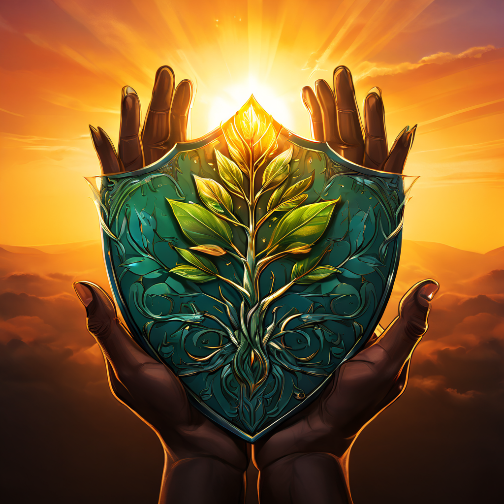 다양한 인종의 손을 보호하는 상징적인 방패 중심에서 싹이 자라나고, 희망적인 아침 해가 비추는 이미지는 포용과 성장의 사회적 가치를 시각적으로 표현합니다.